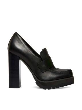 Steve Madden Odette Platform Loafer Heel in Black Leather